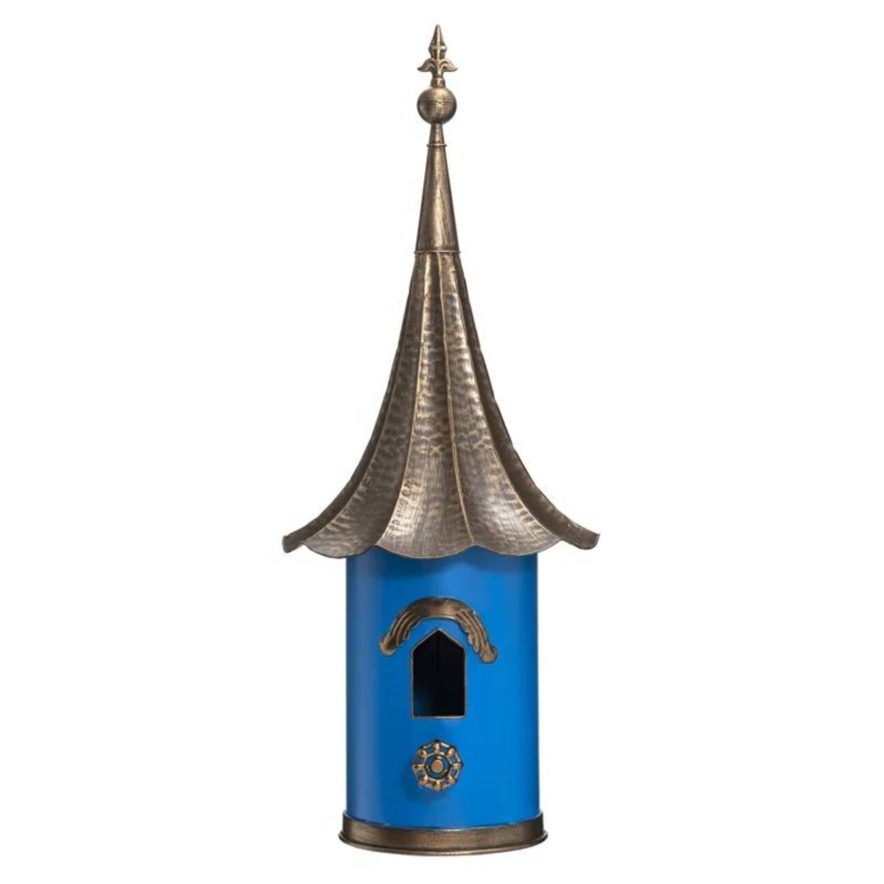 Outdoor Teal Blue Metal Birdhouse with Vintage Bronze Pagoda Roof Freestanding
